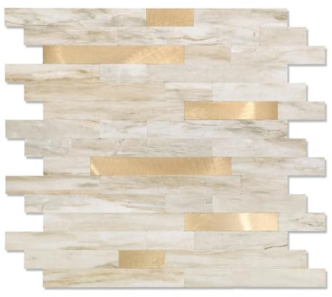 Yipscazo 10 Sheet Peel and Stick Stone Metal Tile Backsplash, Stick on Tiles for Backsplash Kitchen, Bathroom, Laundry Room, Camper, Fireplace (12'' X 12'', Beige Stone with Gold)