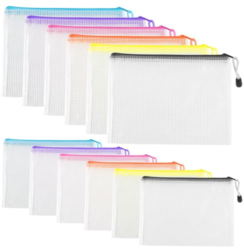 12 Pcs A4 A5 Plastic Zip Wallets, Document Folders, Mesh Zipper Bags, Waterproof Zip Plastic Wallets, Zip Lock Bags for Travel Home Office Supplies Craft Projects(6 Colors)