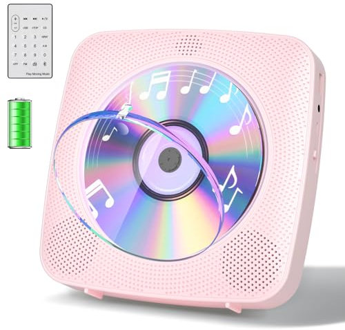 Gueray Reproductor de CD Portátil Bluetooth 1800mah Reproductor de CD Adecuado para Reproductores de CD Domésticos con Altavoces Dobles, Radio FM, Remoto, Puerto de Auriculares USB AUX-Rosa