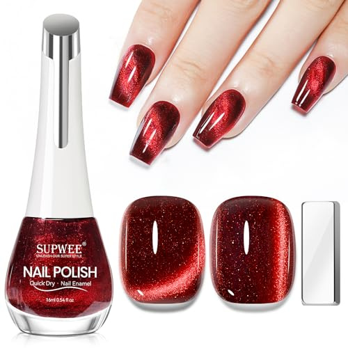 SUPWEE Quick Dry Cat Eye Nail Polish, Blood Red Cateye Magnetic Nail Polish Non Gel Quick Dry Lacquer DIY Salon at Home Gift For Women Girls 16ml