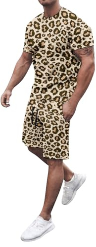 Survêtement pour homme jaune surdimensionné 2 pièces imprimé léopard manches courtes t-shirt tendance été ample décontracté surdimensionné haut long pour homme costume élégant