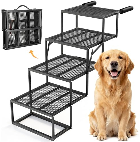 ROTTOGOON Dog Ramp Car Foldable Wide 4 Step Dog Car Stairs Foldable with Non-Slip Perforated Grid Plate Portable Pet Stairs Made of Lightweight Iron for Car SUV and Truck