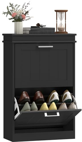 HOMCOM 2 Drawers Entryway Shoe Cabinet, Narrow Shoe Storage Cabinet with 2 Flip Doors and Adjustable Shelves for 10 Pairs of Shoes, Black