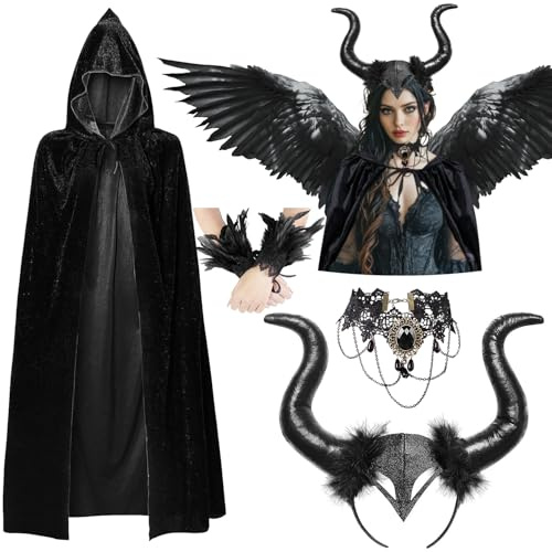 iZoeL Costume Diavolo Donna Mantello con Cappuccio Accessori Malefica Diavolo Cosplay, Costume Carnevale/Halloween/Ballo in Maschera - Mantello Corno da Demone Collana Braccialetto di Piume（Senza Ali）