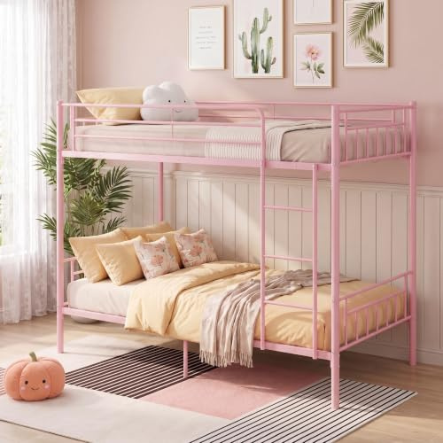 Panana Twin Over Twin Steel Bunk Beds Frame with Ladder,3FT Single Metal Bunk Bed Bedroom Dorm Room for Kids Adult (Pink)