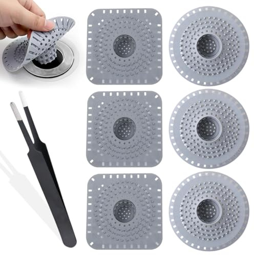 6 Piezas Rejilla Desague Ducha con Pinzas, Universal Rejilla-Ducha, Coladores De Drenaje De Silicona para Cocina, Ducha, Bañera contra El Pelo Y Los Olores, Gris