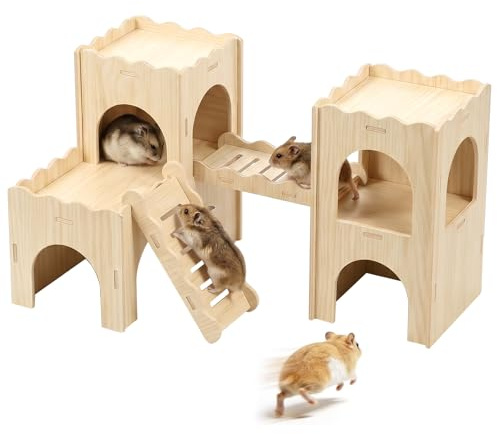 Jokapy Hamsterhus gömställe av trä med plattform, flerkammarskydd och klätterstege, habitat för syriska hamstrar, dvärghamstrar och racermöss