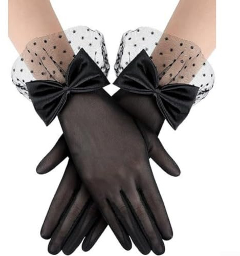 ZWEquipint Eleganta spetshandskar för kvinnor kort vintage tebjudning bröllop sommar andningsbar polyester formell klänning tillbehör svart (svart)
