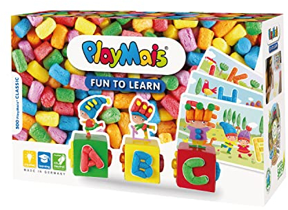 Playmais FUN TO LEARN ABC Bastel-Set für Kinder ab 3 Jahren I Motorik-Spielzeug mit 550 Stück & 14 Motiv-Vorlagen zum Basteln I Fördert Kreativität & Feinmotorik I Natürliches Spielzeug