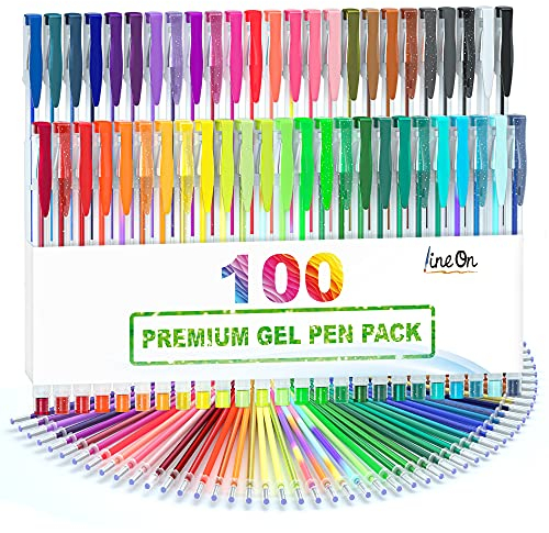 Lineon Gelstifte 100 Art von Farben Gelschreiber Set (Glitzer Neon Metallic) 50 Farben Gelschreiber mit 50 Nachfüllungen Gelroller Stifte Set Gel Pen Set für erwachsene Malbuch