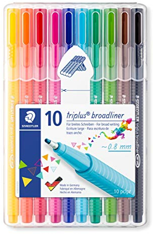 STAEDTLER 338 SB10 broadliner triplus (ergonomische Dreikantform, Dry Safe, Tinte auf Wasserbasis, Strichbreite 0,8 mm, auswaschbar, aufstellbare STAEDTLER Box mit 10 farblich sortierten Broadlinern)