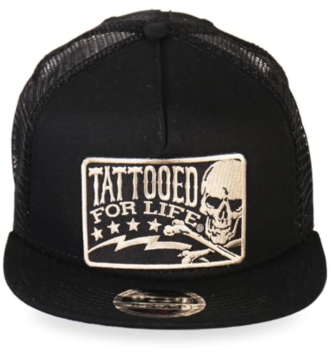 Hot Leathers Mens Motorcycle Tattooed For Life Skull And Bolts Snap Back Hat, Black