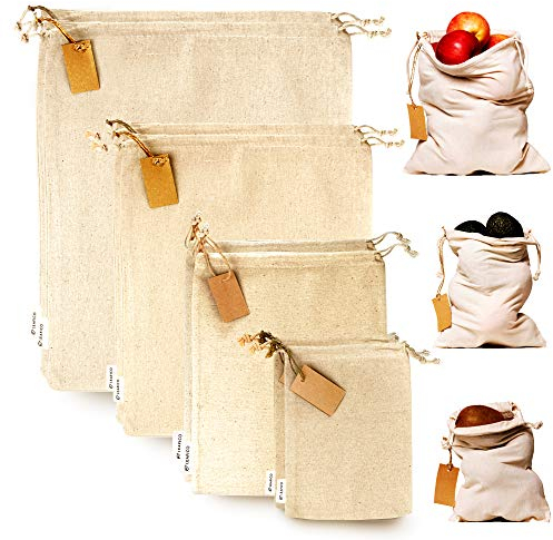 Leafico Muslin Cloth Bags with Drawstrings - Set of 8 (S, M, L, XL) - Reusable Natural Cotton Bags for Bulk Food Storage - Canvas Fabric Sachets