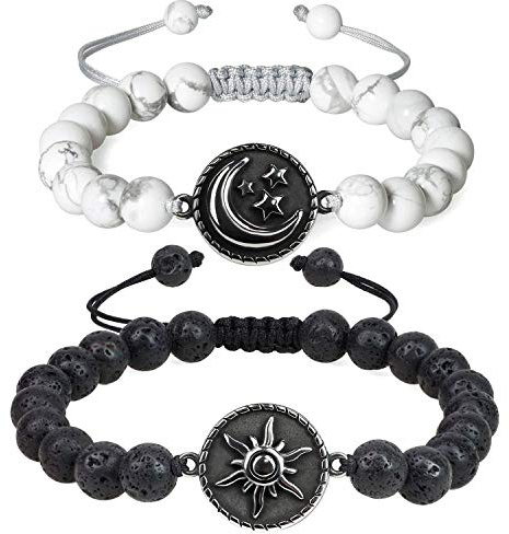 COAI Coppia di Bracciali della Distanza Sole Luna in Pietra Lavica e Howlite
