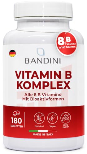 Bandini® Vitamin B Complex High Dose | 180 Tabletten mit bioaktiven Formen - Quatrefolic® Premium Folsäure | B-Komplex mit allen 8 B-Vitaminen | Vegan | 1 Tablette/Tag für 6 Monate Versorgung