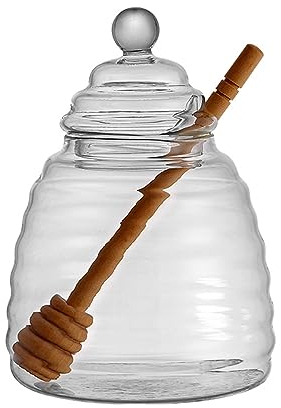 500 ml Servez Le Pot de Miel Clair, Pot Miel En Verre, Pot Miel avec Cuillère Miel et Couvercle Verre, Récipient à Miel pour Stockage et Distribution Miel et de Sirop