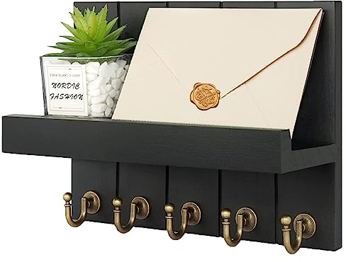 Baoswi Key and Mail Holder for Wall, Key Hanger with Shelf Wood Wall Shelf with Hooks - 5 Hooks for Decorative Retro Hanging Organiser Rustic Farmhouse Decor for Entryway (Black)