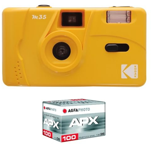 KODAK Pack M35 Argentique + Pellicule 100 ASA - Appareil Photo Kodak Rechargeable 35mm Jaune, Objectif Grand Angle Fixe, Viseur optique , Flash Intégré + Pellicule APX 100, 36 poses