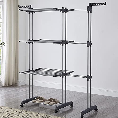 Tendedero de Ropa Plegable Vertical,Tendedero de Ropa Tipo Torre de Tres Estante Plegable con Cuatro Ruedas, Espacio de Secado, con Capacidad para 15 KG (75-142,5 * 64 * 170cm (Gris))