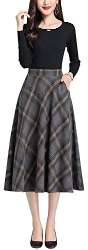 Artykey Jupe Longue Femme Hiver Élégant Carreaux Laine Midi Skirts Automne A-Ligne Taille Haute Plissée Jupe avec Poches