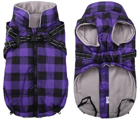 Ctomche Winter Coat Harness Jacket for Dogs - Plaid Puppy Coats for Cold Weather - Warm Fleece Waterproof Jacket with Reflective Harness for Small Medium Large Dogs - Purple-Medium