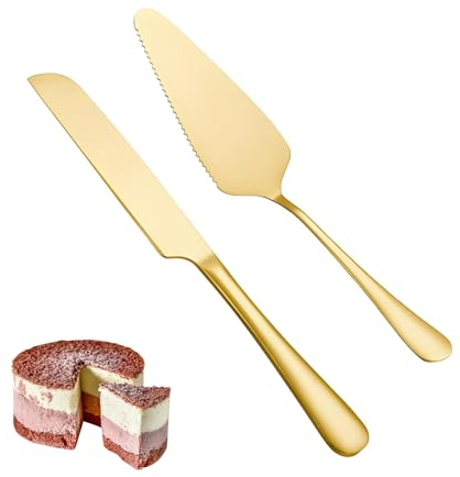 ChAusa 2 Pezzi Set di Coltelli e Server per Torte Nuziali, Set da Taglio per Torte in Acciaio Inossidabile, Tagliatorta e Server, Paletta Torta per Matrimoni, Compleanni, Feste (Oro)