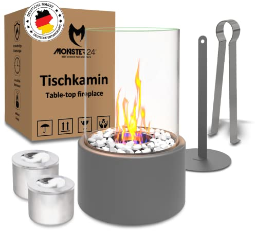 Monster24 Einzigartiger Tischkamin - Tischfeuer mit Deko Steinen und 2 Brennkammern für unendliche Brenndauer - Bio Ethanol Kamin Indoor & Outdoor - Balkon Deko - EN 16647:2015 Zertifiziert