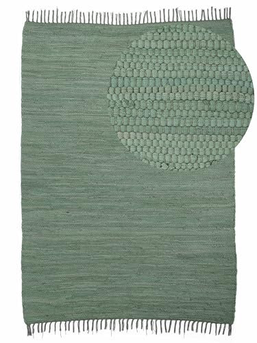 carpetfine Flickenteppich Kelim Chindi Uni Grün 120x170 cm, handgewebt | Fleckerlteppich aus Baumwolle für Wohnzimmermit Fransen