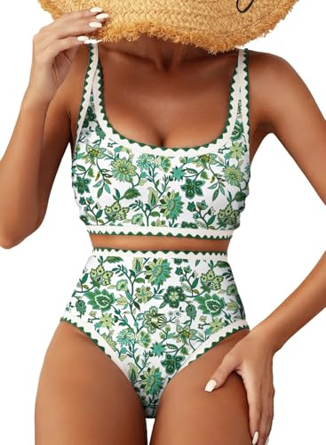 Herseas Women's Bikini Sets Color Block Trim 2 Piece Slimming High Waisted Swimsuits Free Wire Adjustable Straps Bathing Suits Floral Print Romantic Beach Vacation Essentials Green Large