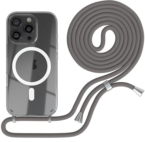 EAZY CASE - mobilkedja kompatibel med iPhone 16 Pro, kedja för upphängning, stötsäkert mobilskal för iPhone 16 Pro, silikonskal med rem, transparent mobilskal i Antracit