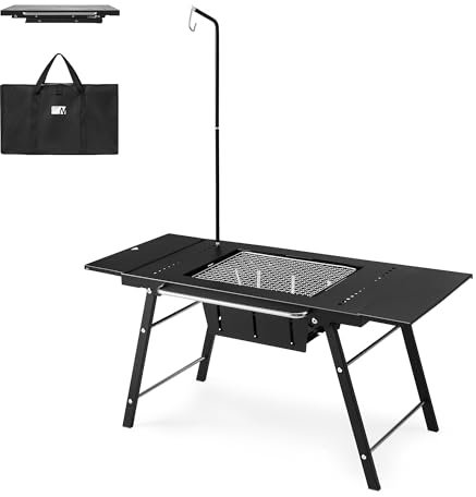 Naturehike Mesa portátil IGT con barbacoa de carbón, mesa de camping plegable y barbacoa, incluye extensión de mesa y soporte para linterna, ideal para barbacoas al aire libre, camping, cocinar