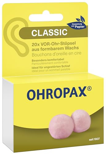 OHROPAX Classic Ohrstöpsel – VOR-Ohr-Stöpsel zum Schutz vor Lärm, Nässe und Wind – aus formbarem, anschmiegsamen Wachs – bequem und für alle Ohren geeignet – Schalldämmwert SNR 21 dB – 20 Stück