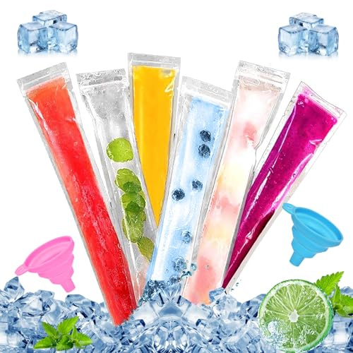 LXBCTOP 200 sacchetti popsicle, senza BPA, sacchetti per ghiaccio d'acqua, con 2 imbuti, stampi per ghiaccio d'acqua con sigillo a zip, stampi trasparenti per gelato fai da te, frutta, yogurt, gelato