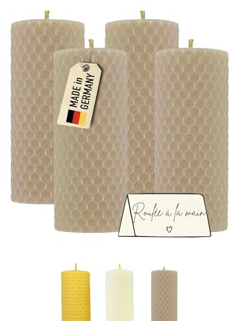 Wachsmann Juego de 4 velas de Adviento, 100% cera de abejas, enrolladas a mano, fabricadas en Alemania, color beige, velas de cera de abejas con 6 horas de combustión, velas para Navidad (4 x 10 cm)
