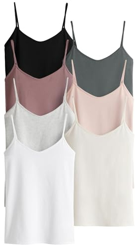 THE SET Mujeres Pack de 7 Camisetas con Tirantes Finos Black/Light Grey/Pink/Cream/Blue/White L
