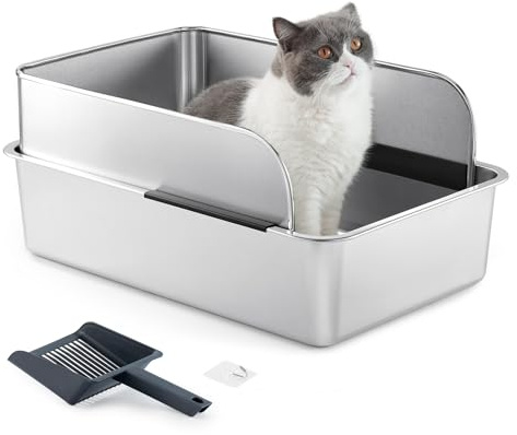 Yangbaga Inodoro para gatos XXL de acero inoxidable con pala para arena para gatos, con borde alto, inodoro, a prueba de fugas, mango agradable, 60 x 40 x 30 cm
