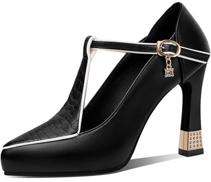 Women's Fashion T-Strap Ankle Strap Buckle Pointed Toe Spool Heel Platform Pumps Count Shoes for Office and Party (Black,4)