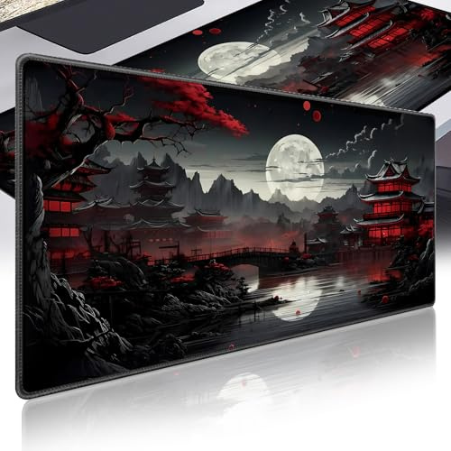 Tappetino per Mouse da Gioco, Tappetino Mouse XXL, 900x400x3mm Tappetino Mouse Gaming, Stile Anime Nero Giapponese, Base Antiscivolo, Tracciamento Ad Alta Precisione per Computer e Ufficio