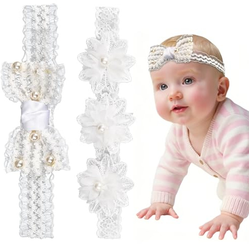 2 diademas para bebé con flor de encaje | Diademas elásticas blancas para recién nacidas | Diademas con perlas y encaje | Regalo para niña ideal para bautizos fiestas y fotos