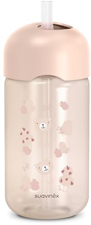 Suavinex, Bicchiere Evolutivo per Neonati+18 Mesi, Bicchiere con Cannuccia in Silicone Morbido e Flessibile, con Sistema Anti-fuoriuscita e Anti-gocciolamento, con Coperchio, 340 ml, Wild&Free Rosa