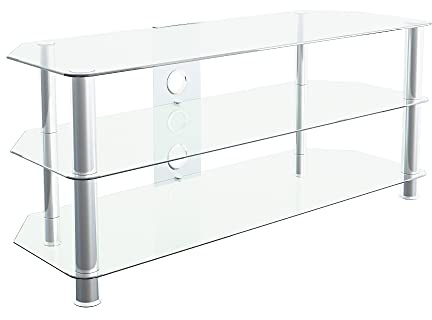 MAHARA Corner TV Stand – Universal TV Unit 114cm wide with Clear Glass Shelves and Cable Management – TV Floor Stand Suitable for up to 55” TVs and Max Weight 45Kg