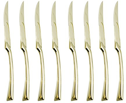 JASHII 18/10 Stainless Steel 8 Piece Matte Champagne Gold Serrated Steak Knife Serving Utensil Set