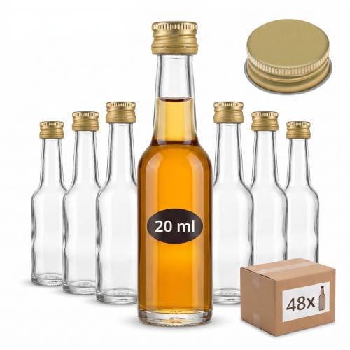 gouveo Set di 48 bottiglie di vetro lunghe da 20 ml con tappo a vite, colore oro, mini bottiglia da 0,02 l da riempire, bottiglie di vetro per liquori, olio o fai da te