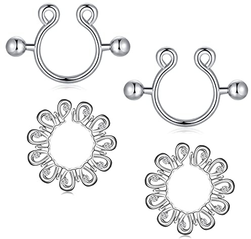 LAURITAMI 2 Pairs Fake Nipple Rings for Women Stainless Steel Non Pierced Flower Nipple Jewellery