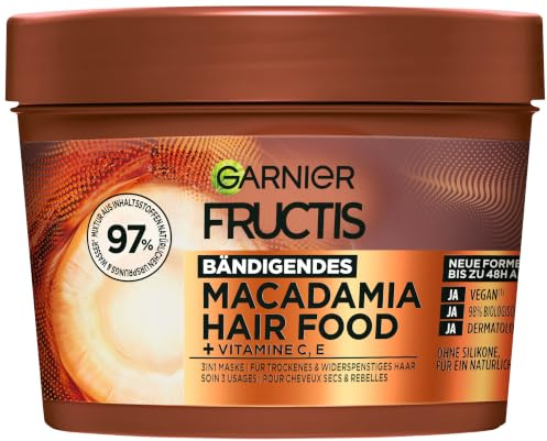 Garnier Fructis Macadamia Masque capillaire sans silicone 3 en 1 pour cheveux secs et rebelles, sensation naturellement douce, effet lissant et anti-frisottis, sans silicone, 400 ml
