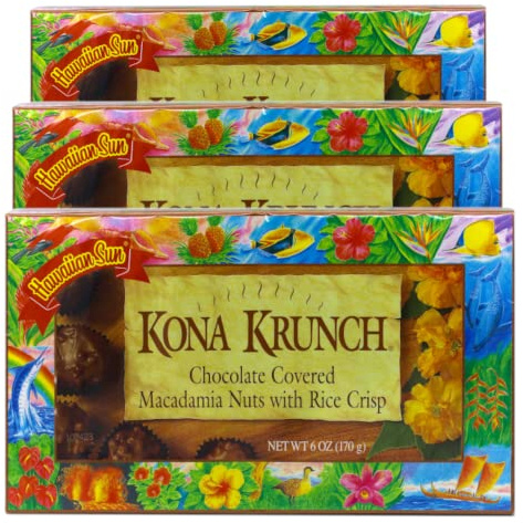 Hawaiian Sun Island Chocolates Gift Pack Chocolate Macadamia Nuts 5 oz Kona Crunch 6 oz and 70% cacao dark chocolate macadamia 5 oz (Kona Crunch Macadamia with Rice Crisps, 5 oz)