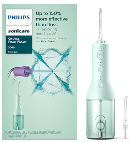 Philips Sonicare Cordless Power Flosser 3000 - Water Flosser with Innovative Quad Stream Technology, Oral Irrigator with 2 Flossing Modes and 3 Pressure Levels, IPX7 Waterproof, Mint, HX3826/24