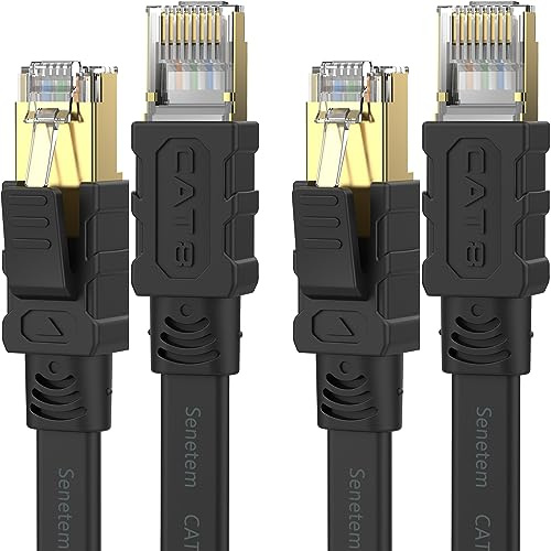 Senetem Cat 8 Ethernet Cable 10FT 2 Pack, High Speed 40Gbps 2000Mhz Flat Internet Network Patch Cord, RJ45 Shielded Outdoor & Indoor LAN Cable, Compatible for Gaming, PC, PS5/4/3, Xbox, Modem, Router