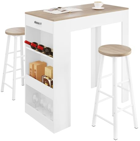 WOLTU Essgruppe, Esszimmergruppe, Bartisch mit barhocker Set, Stehtisch Set mit Weinregal, Küchentisch mit 1 Schublade, Bistrotisch für Küche Esszimmer Bistro, Weiß+Holzoptik