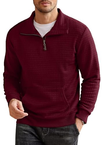 COOFANDY Herren Pullover mit Reißverschluss Waffel Casual Pullover Ohne Kapuze Winter Herren mit Taschen Weinrot XXL
